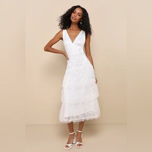 Lulus Medium Confidently Gorgeous Ivory Tulle Embroidered Backless Midi Dress